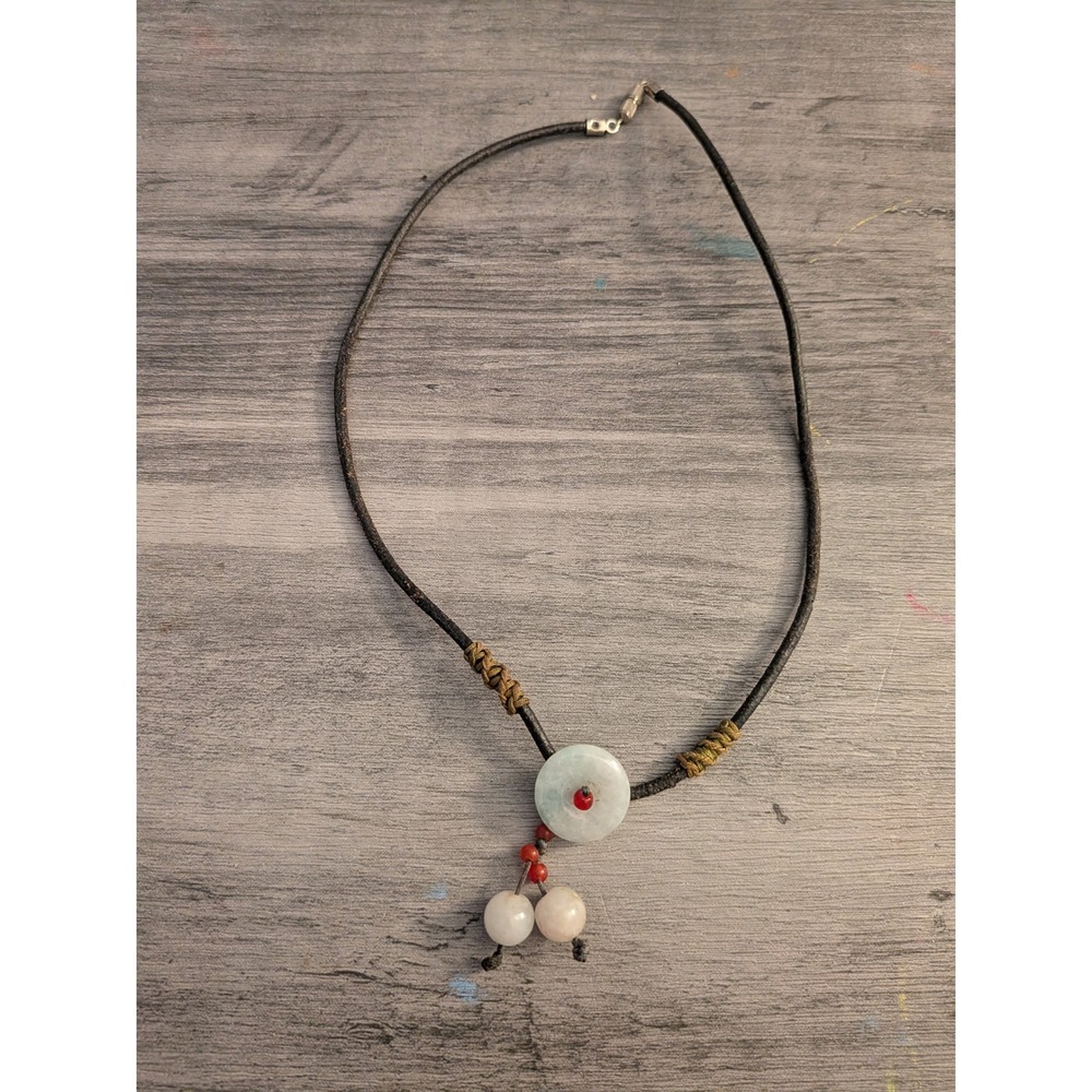 Jade Donut Pendant Cord Necklace Green Jadeite Bead Boho Barrel Clasp Black Cord